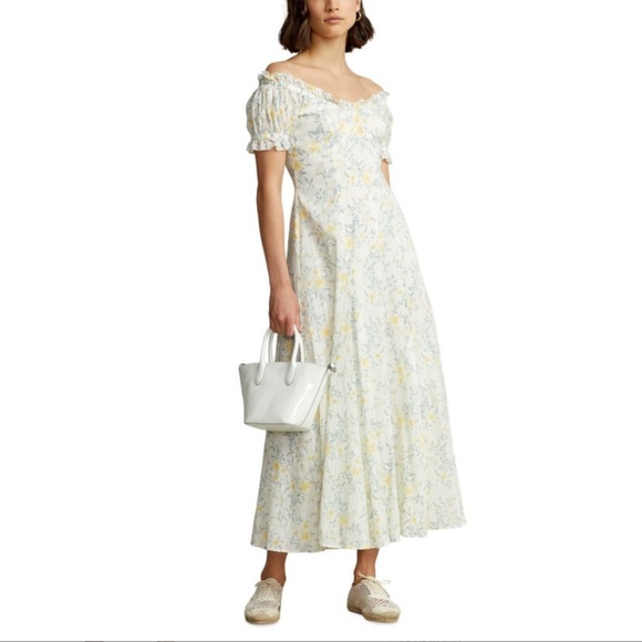 POLO RALPH LAUREN: Off-The-Shoulder Puff-Sleeve Midi-Dress (NWT) - Picture 2 of 8